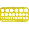 Gelbe Zeichenschablone mit verschiedenen Durchmessern und integrierter Linealkante, im Etui.