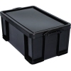 Schwarze Aufbewahrungsbox mit Bügelverschlüssen, Maße 71 x 31 x 44 cm, 64 l Volumen.