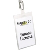 Namensschild mit Clip und personalisiertem Aufdruck im Format 60 x 90 mm.