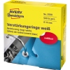 Weiße Lochverstärkungsringe in einer gelben Verpackung mit blauen und roten Elementen.