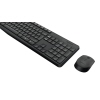 Schwarzes kabelloses Tastatur-Maus-Set mit Standard-Tastenanordnung und USB-Empfänger.
