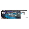 HP Tintenpatrone 973X in cyan mit Verpackung und Abbildung eines Zuges in Bewegung.