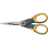 Graue Universalschere mit gelben Griffen und runden Schneidflächen für präzises Schneiden.