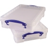 Transparente Aufbewahrungsbox mit blauen Bügelverschlüssen, Inhalt nicht im Lieferumfang enthalten.