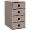 Schubladenbox in taupe mit vier Schubladen und runden Grifflöchern.