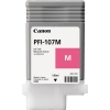 Magenta Canon Tintenpatrone PFI-107M in grauem Karton mit 130 ml Inhalt.
