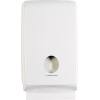 Wandmontierter, weißer Handtuchspender mit runder Aussparung zur Entnahme von Format-Handtüchern.