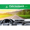 Fahrtenbuch im Querformat mit Landschaftsaufdruck und Fahrzeuginterieur im Vordergrund.