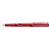 Lamy Füllfederhalter safari in hochglänzend rot, seitliche Ansicht mit schwarzem Griff und Feder.