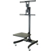 Schwarzer Monitorständer mit Rollen und Ablagefläche für mobile Nutzung eines LCD Monitors.