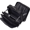 Schwarzer Business Trolley mit geöffnetem Innenraum und mehreren Fächern für Laptop und Zubehör.