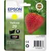 Gelbe Epson Tintenpatrone 29 in Verpackung mit Erdbeere als Hintergrund.