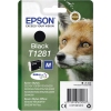 Schwarze Epson Tintenpatrone T1281 in Verpackung, mit Abbildung eines Fuchses im Hintergrund.