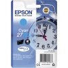 Cyan Tintenpatrone 27XL von Epson in Originalverpackung mit Uhr im Hintergrund.