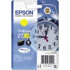 Gelbe Epson Tintenpatrone 27XL in Verpackung mit Uhr im Hintergrund.