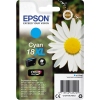 Epson Tintenpatrone 18XL cyan in Verpackung mit blühender Blume im Hintergrund.