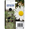 Schwarze Epson Tintenpatrone 18 in Verpackung mit Abbildung einer Blume und Produktspezifikationen.