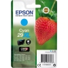 Cyanfarbene Epson Tintenpatrone 29XL in Verpackung mit Erdbeerabbildung.