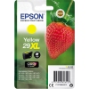 Gelbe Epson Tintenpatrone 29XL in Verpackung mit Erdbeere im Hintergrund.
