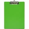 Grünes Klemmbrett mit metallischer Bügelklemme und schwarzer Rückseite.