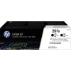 HP Toner 201X schwarz im Paket mit zwei Kartuschen, auf schwarzem Hintergrund abgebildet.