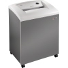 Aktenvernichter in grauem Gehäuse mit weißem Deckel und Bedienelement, auf Rollen beweglich.