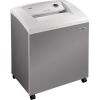 Aktenvernichter mit Bedienfeld, Holzschrank und Lenkrollen in grauer Farbe.