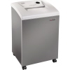 Aktenvernichter in einer grauen Metalloptik mit Bedienfeld oben und Rollen an der Unterseite.