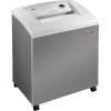 Aktenvernichter mit Holzschrank und Komfort-Bedienfeld auf Rollen, in grauer und weißer Farbe.