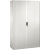 Lichtgrauer Rollladenschrank mit mittig anschlagender Tür und Hakenriegelschloss.