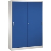 Stahl-Werkzeugschrank mit blauen Schiebetüren und ergonomischen Metallgriffen.