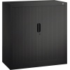 Schwarzer Rollladenschrank mit mittiger Rollladentür und Hakenriegelschloss.