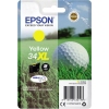 Gelbe Epson Tintenpatrone 34XL in Verpackung mit einem Golfball auf Gras im Hintergrund.