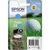 Cyanfarbene Epson Tintenpatrone 34XL in Verpackung mit Golfball und Rasen im Hintergrund.