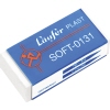 Blauer Radierer in rechteckiger Form mit rotem Logo und Schriftzug auf der Verpackung.