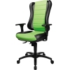 Bürodrehstuhl mit schwarzer und grüner Polsterung, höhenverstellbar, mit Armlehnen.