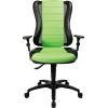 Schwarzer und grüner Bürodrehstuhl mit ergonomischer Rückenlehne und höhenverstellbaren Armlehnen.