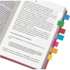 Multicolored transparent adhesive strips positioned on an open book page.