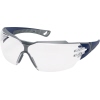 Schutzbrille in sportlichem Design mit farbloser Scheibe und blau-grauem Rahmen.
