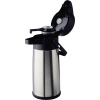 Edelstahl-Pumpkanne mit Tragegriff und geöffnetem Deckel, geeignet für heiße und kalte Getränke.