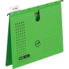 Grüner Hängehefter mit Sichtreiter und Daumenausschnitt, aufklappbarer Rückwand und Beschriftung.