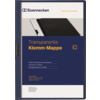 Blaue Klemmmappe DIN A4 mit transparentem Vorderdeckel und Metallclip zur Dokumentenaufbewahrung.