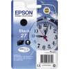 Schwarze Epson Tintenpatrone 27 in Verpackung mit Uhr als Hintergrund.