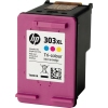 HP Tintenpatrone 303XL in cyan, magenta und gelb mit Etikett und verschiedenen Farbkreisen.