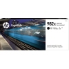 Schwarze HP Tintenpatrone 982X in Verpackung mit farbigem Grafikdesign im Hintergrund.