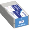Cyanfarbene Tintenpatrone in grauer Verpackung mit Beschriftung und Piktogramm.
