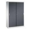 Büroschrank mit Schiebetüren in lichtgrau und schwarzgrau, ergonomische Griffe, Höhe 1.950 mm.