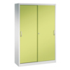 Büroschrank mit zwei lichtgrauen Schiebetüren und clowngrünen Fronten in ergonomischem Design.