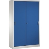 Stahl-Schiebetürenschrank in enzianblau mit zwei Türen und zentralem Verschluss.