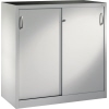 Lichtgrauer Werkzeugschrank mit Schiebetüren und ergonomischen Griffen, Maße 1200 x 1200 x 500 mm.